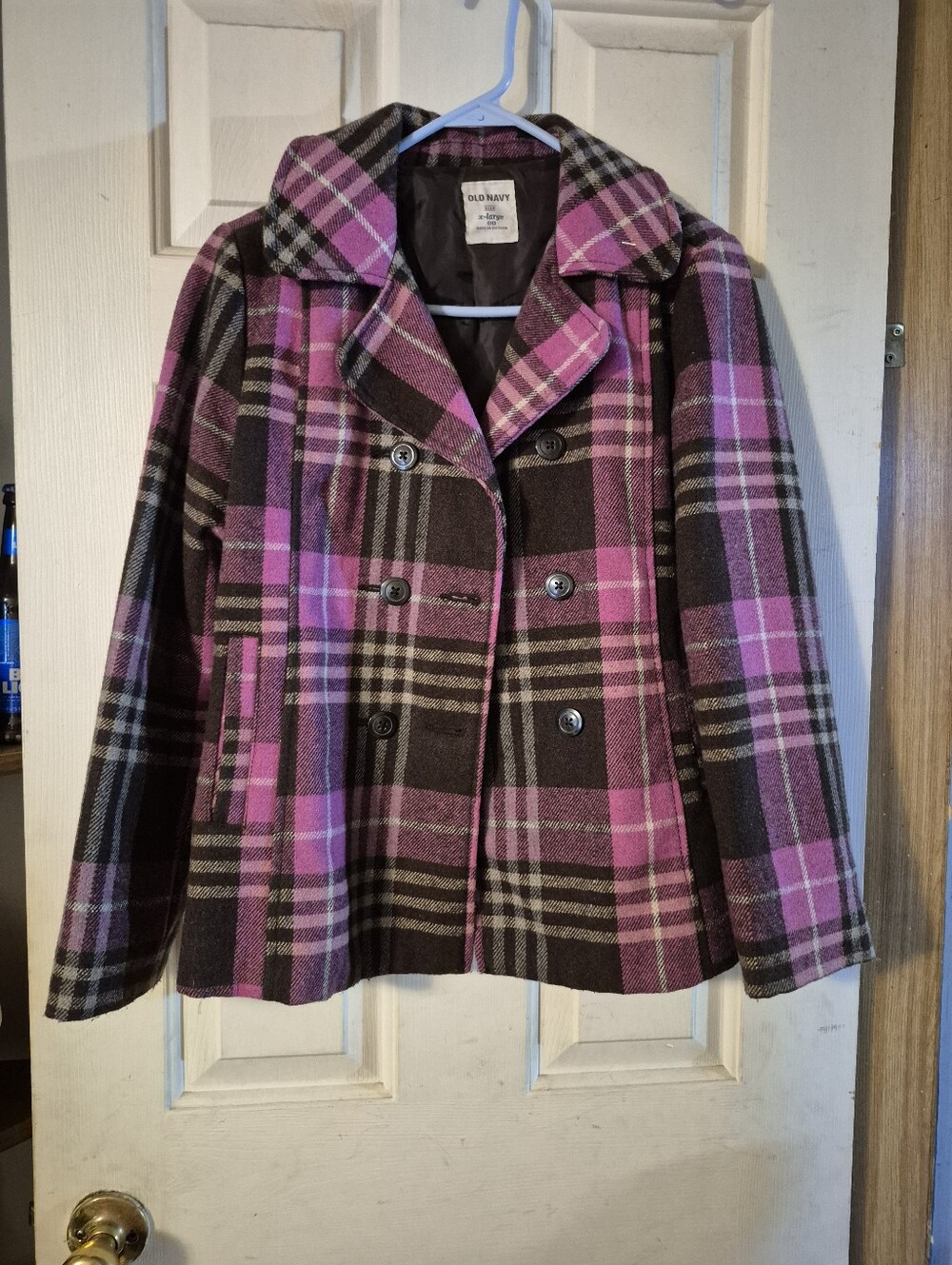 Old Navy Pink and Brown Plaid Double-Breasted Peacoat
